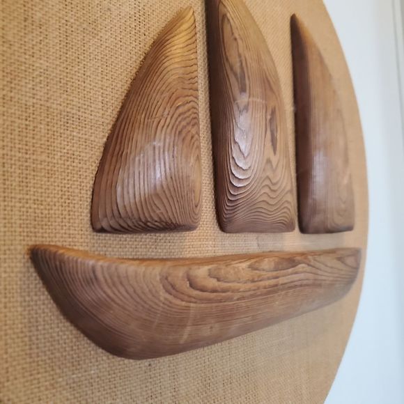 Mid-Century Carved Cedar and Burlap Wall Art Robbie Probert Atlantic Schooner - Picture 4 of 5